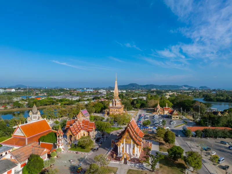 Aerial view of Wat Chalong temple complex in Phuket, Thailand