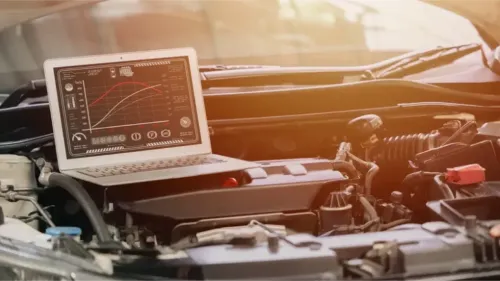 Engine bay with computer monitoring torque and RPM data on diagnostic software